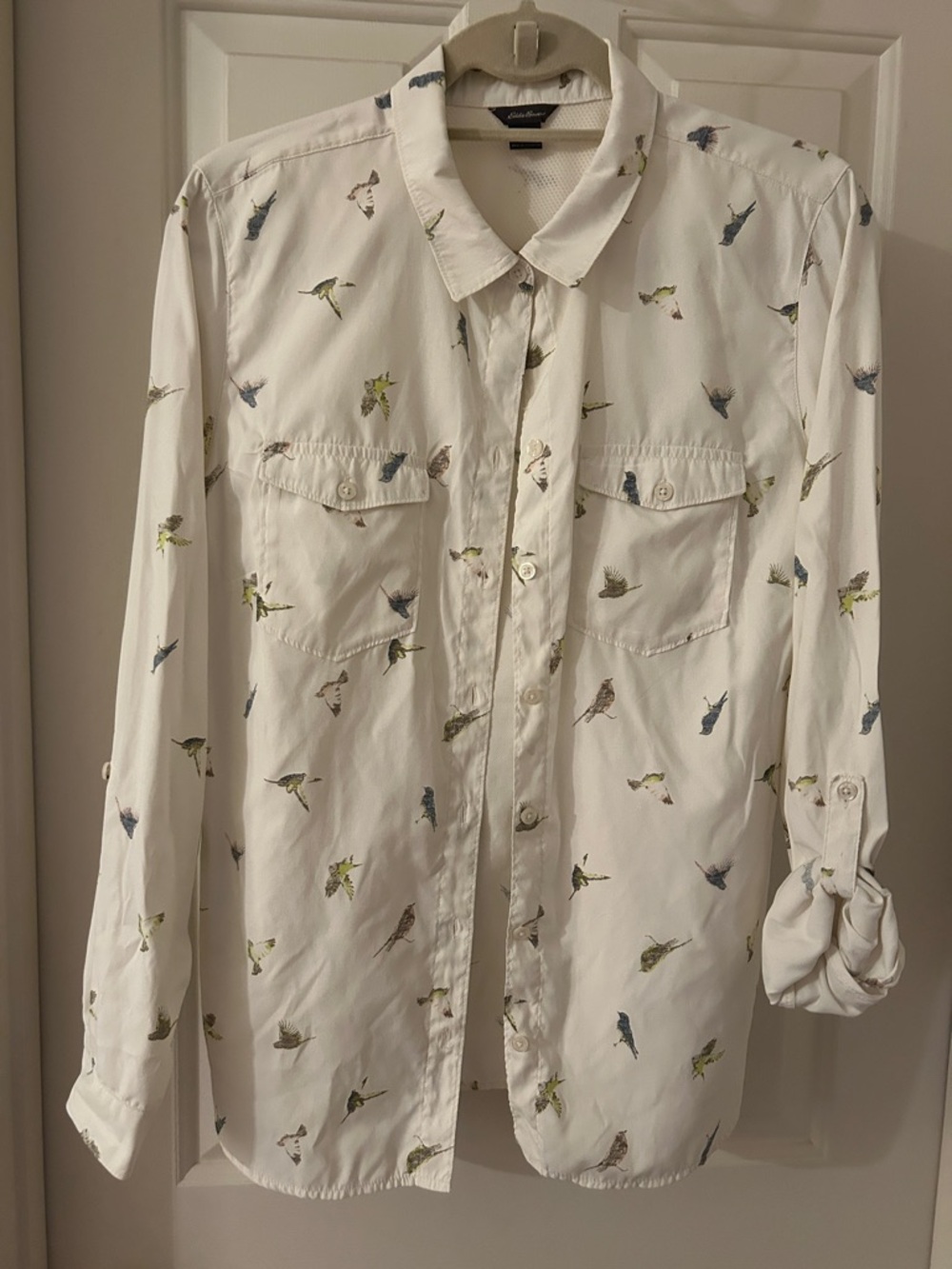 Eddie Bauer White Button-Up Shirt with Multicolor Bird Print